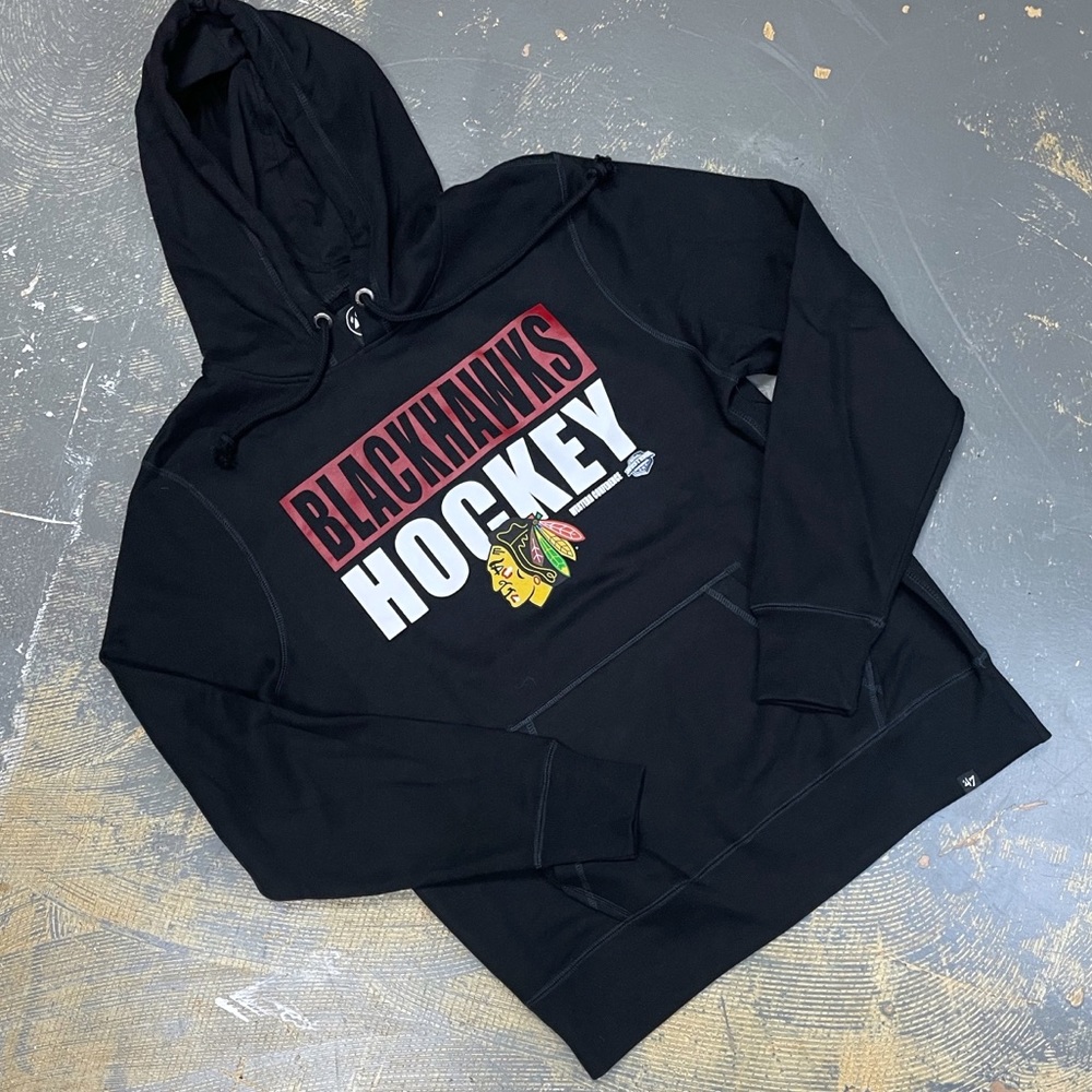 Chicago Blackhawks Pull Over Hoodie Sweater Large Black ‘47 Hockey NHL